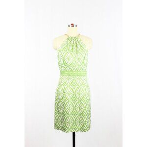 MILLY White Green Geometric Print Silk Twill Chain Halter Sheath Dress, Size 2